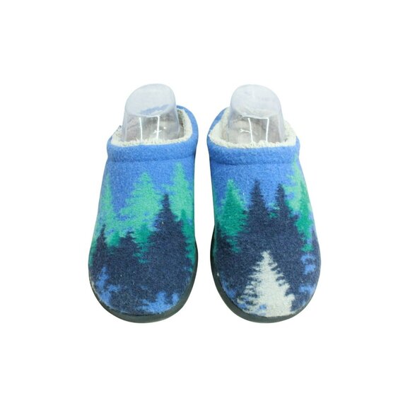 LL Bean Blue Wool Slip On Ombre Trees Motif Daybreak Slipper Scuffs Size 9 M - Picture 1 of 9